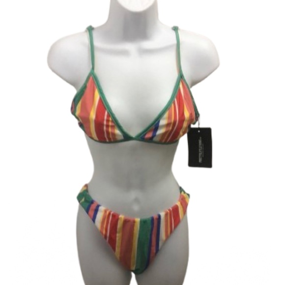 PrettyLittleThing Other - PRETTYLITTLETHING MULTI STRIPE V FRONT BRAZILIAN BIKINI/ ITSY BITSY TOP •16• NWT